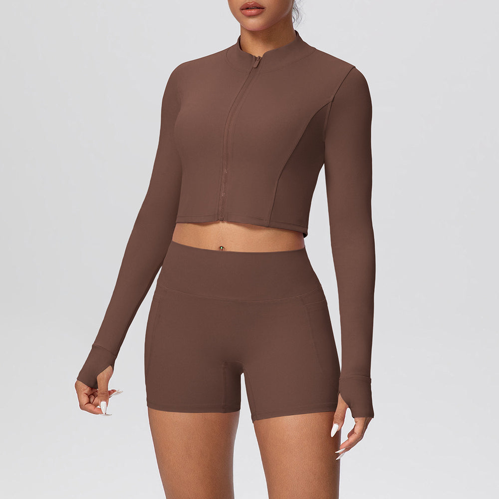Cloud-feel outerwear short zip-up jacket with butt-lifting pocket shorts, a form-fitting activewear yoga set for women, perfect for running and fitness