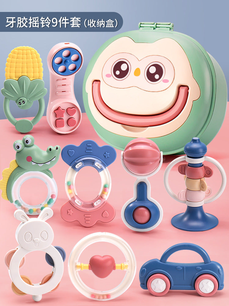 Infant rattle toy, boilable educational teether, chewable newborn baby hand rattle with storage box for infants and children