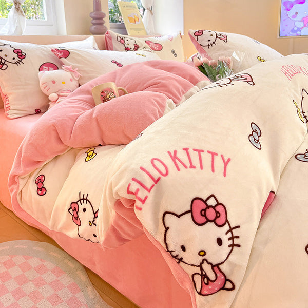 Sanrio milk fleece four-piece set cute kitty coral fleece bed sheet quilt cover winter flannel bedding