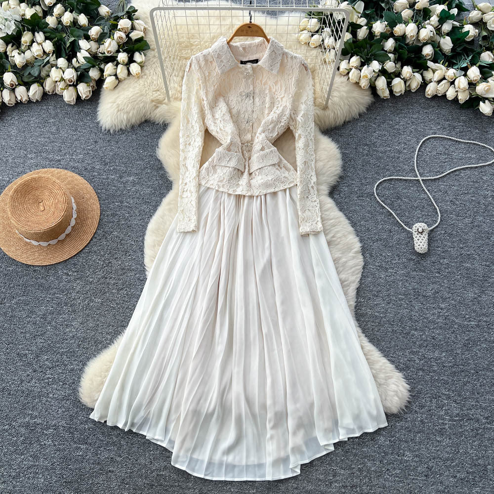 French chic high-end bowknot lace long sleeve patchwork waist pleated dress - elegant women's formal gown