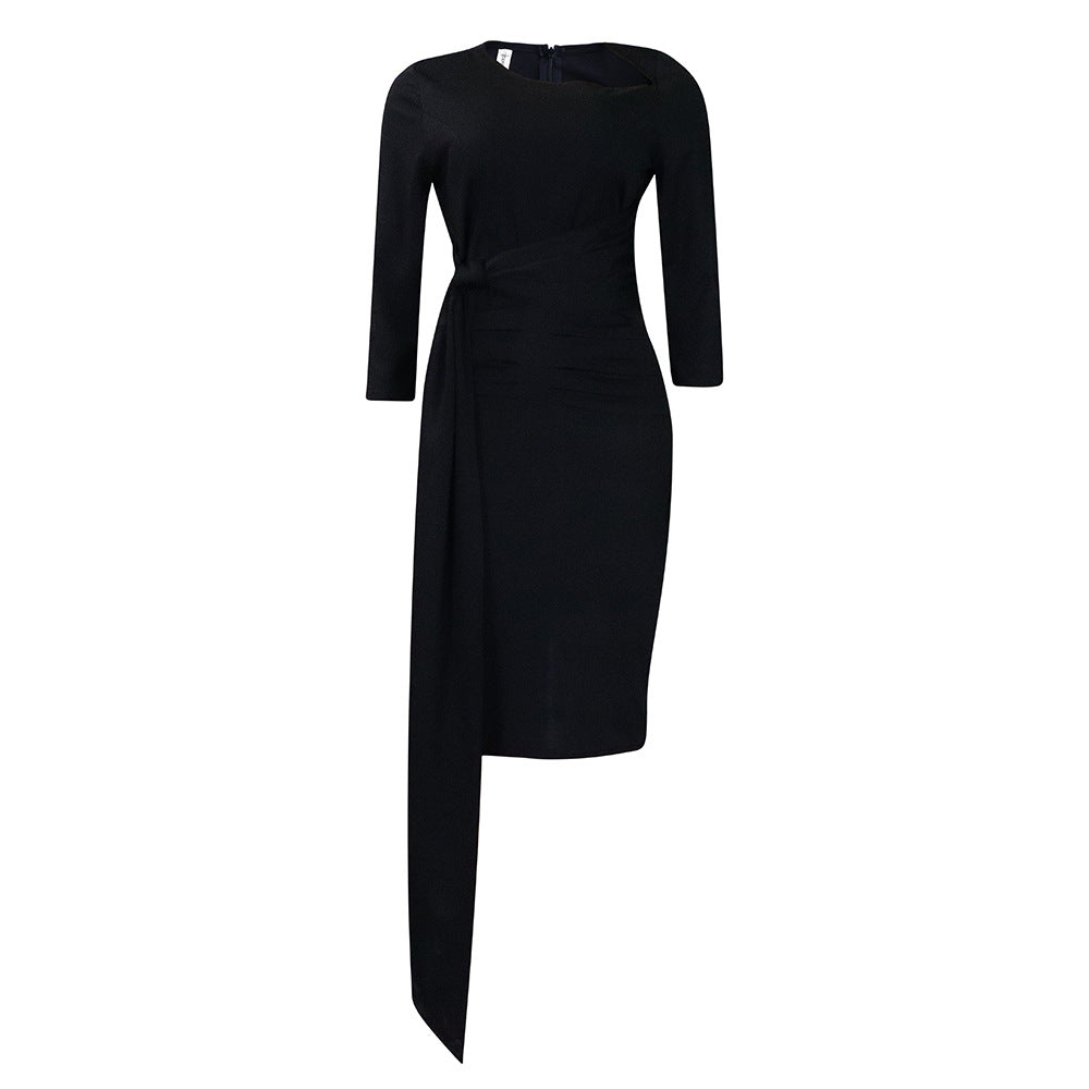 C8516export women's clothing new style pleated strap pure color hip-covering professional ol elegant large size european and american dress
