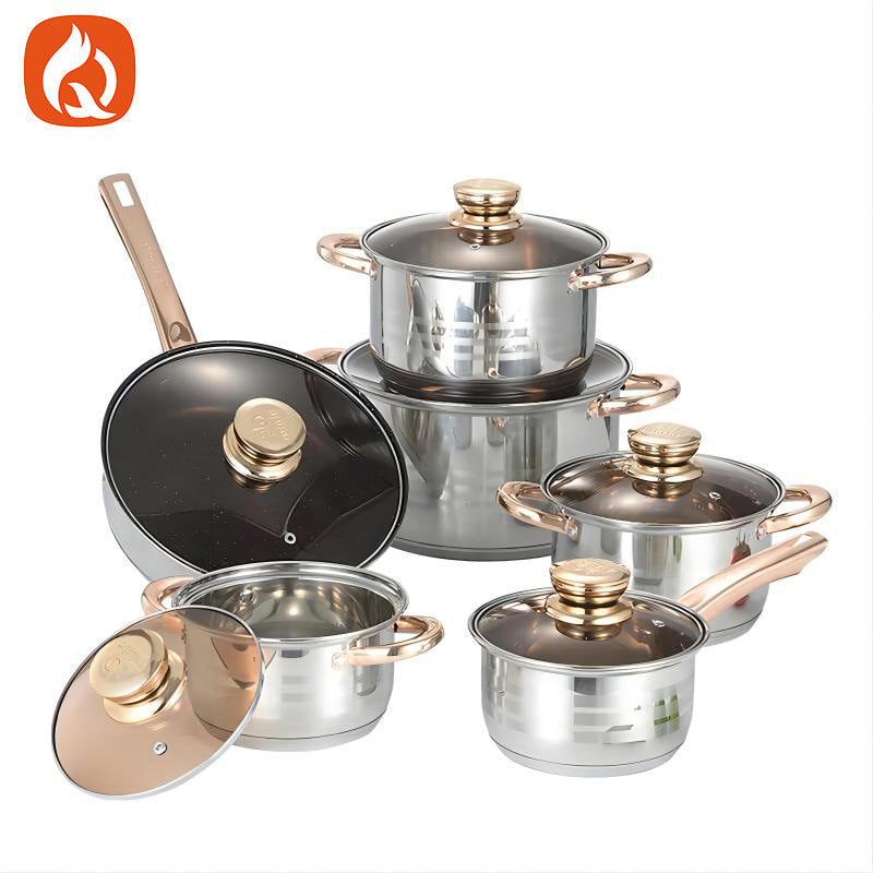new compound bottom stainless steel pot kitchen simple frying pan soup pot milk pot with lid twelve-piece set wholesale