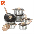 new compound bottom stainless steel pot kitchen simple frying pan soup pot milk pot with lid twelve-piece set wholesale