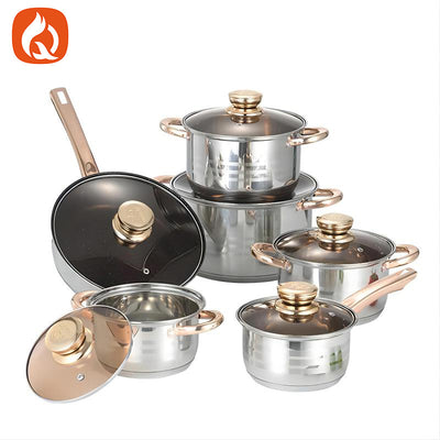 new compound bottom stainless steel pot kitchen simple frying pan soup pot milk pot with lid twelve-piece set wholesale