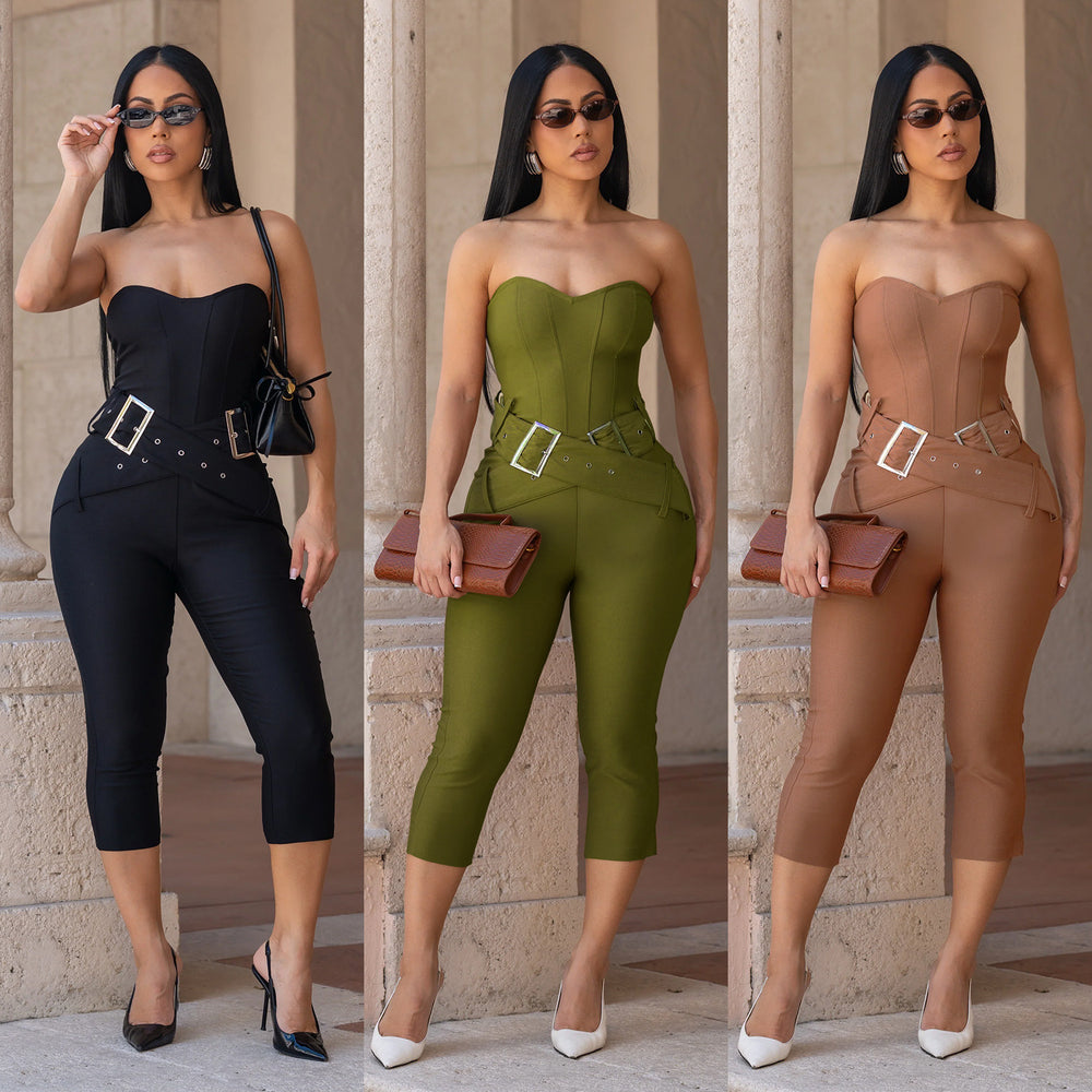 C7693 cross-border   fashion women's sexy slim-fit bandeau solid color bodycon jumpsuit