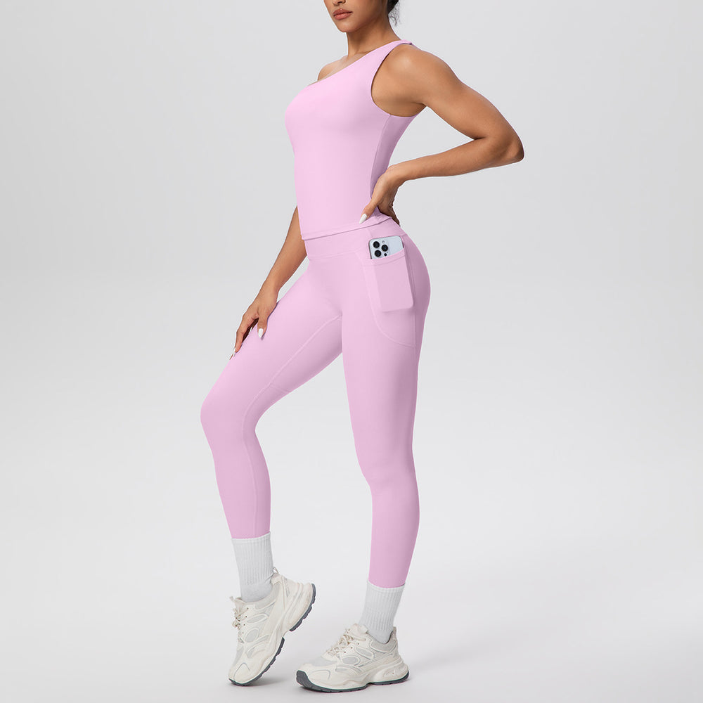 Sexy one-shoulder activewear set: high-waisted, figure-hugging leggings with pockets - perfect for outdoor leisure, running, fitness, and yoga