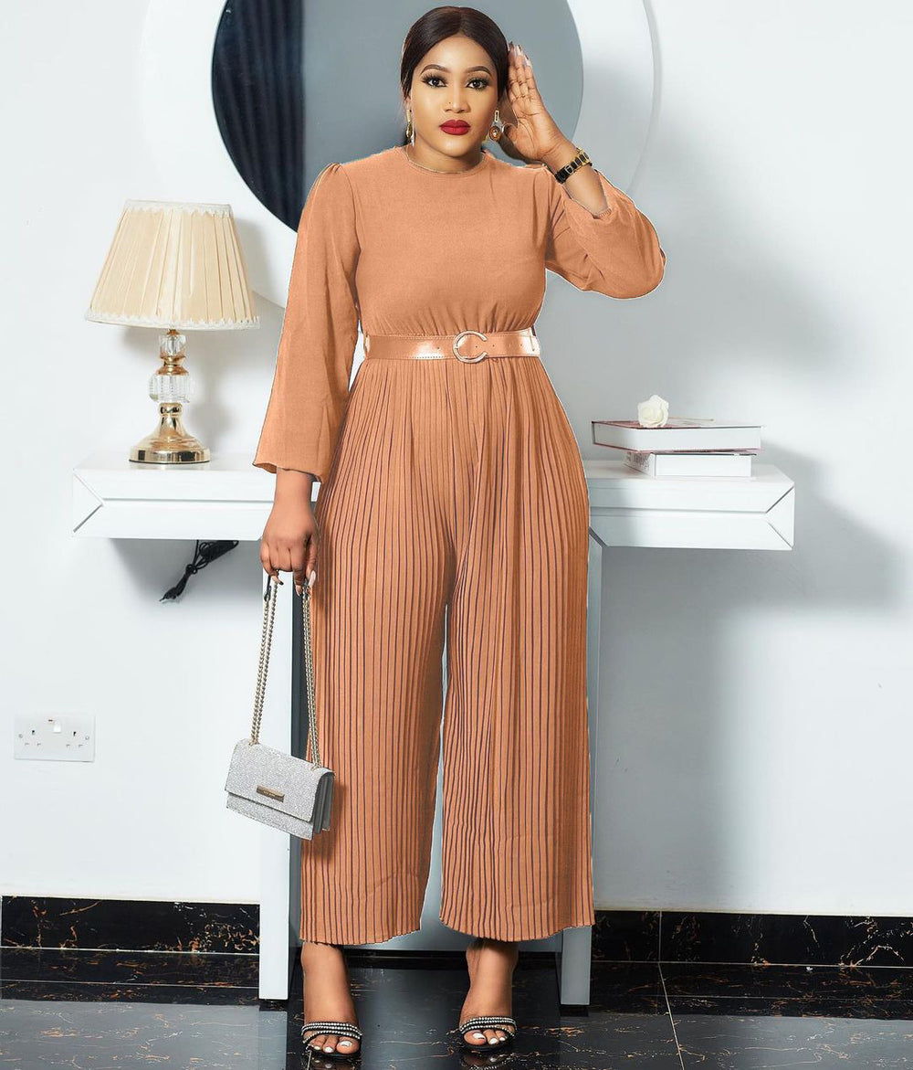 Q045   fall/winter new solid color long sleeve loose wide leg plus size women's jumpsuit - cross-border e-commerce