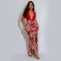 C7262 cross-border   fashion women's sexy deep v halter neck slim-fit printed dress