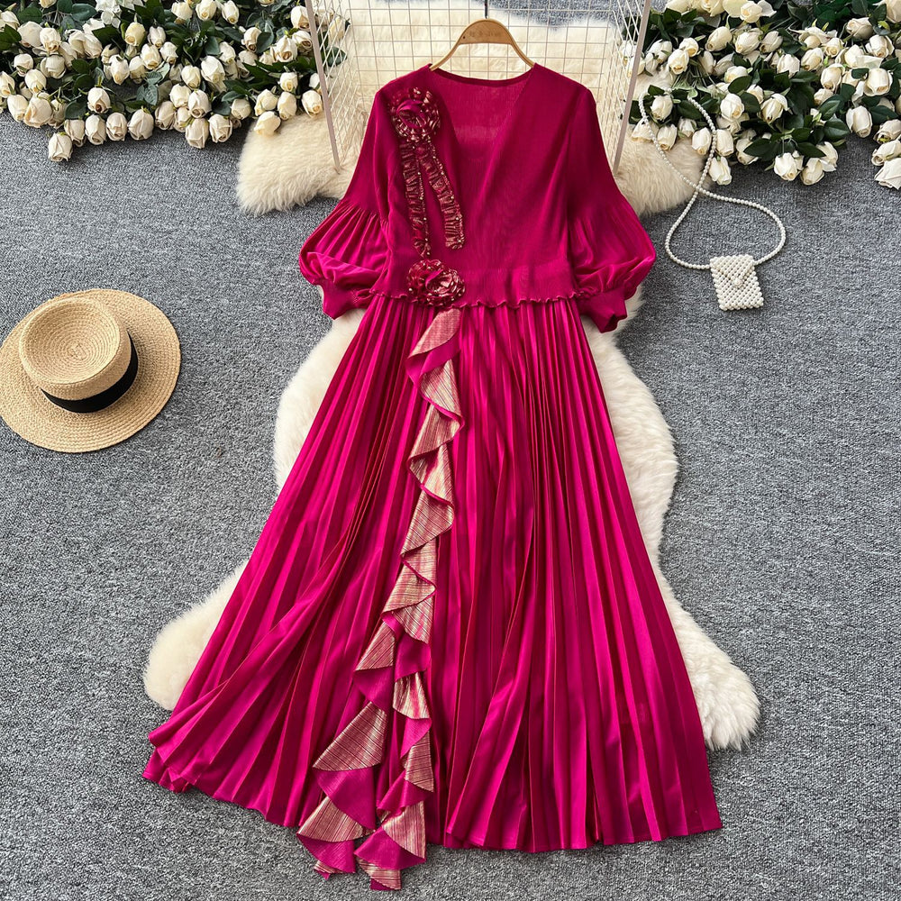 European and american style high-end women's autumn dress with ruffle trim, loose fit, and elegant flared skirt