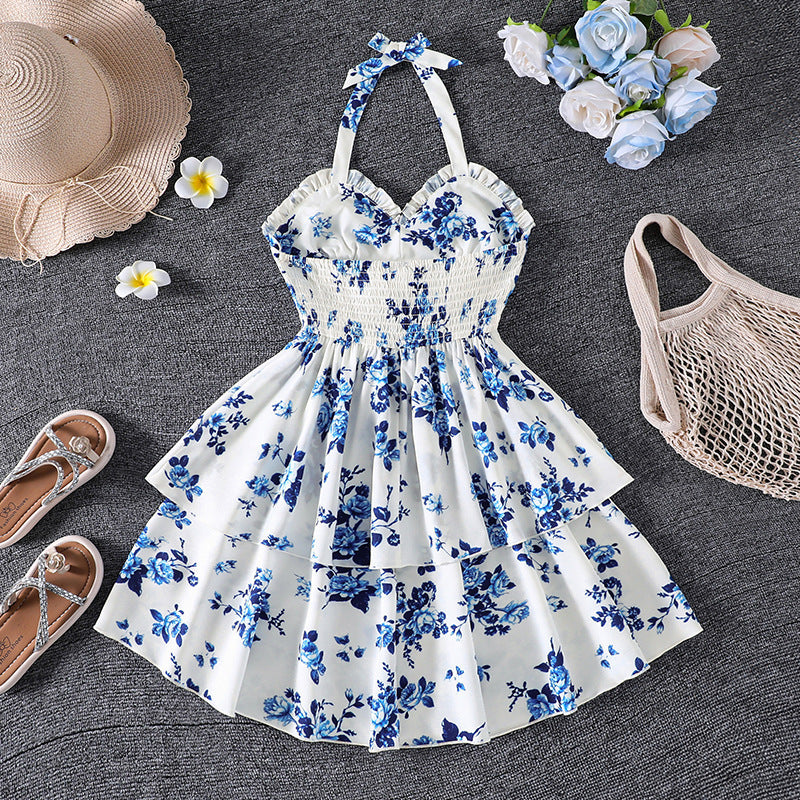 spring/summer new arrival: cross-border export girls' french style vacation dress - elegant floral print camisole v-neck bandeau dress