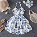 spring/summer new arrival: cross-border export girls' french style vacation dress - elegant floral print camisole v-neck bandeau dress