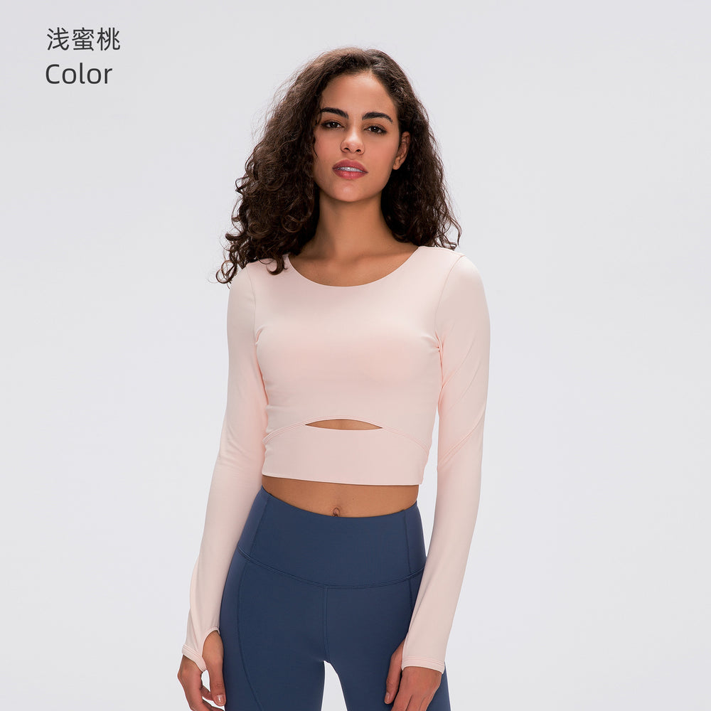 European and american new style padded sports long sleeve t-shirt, fashionable cropped fit, outdoor running slim yoga top for women s2032