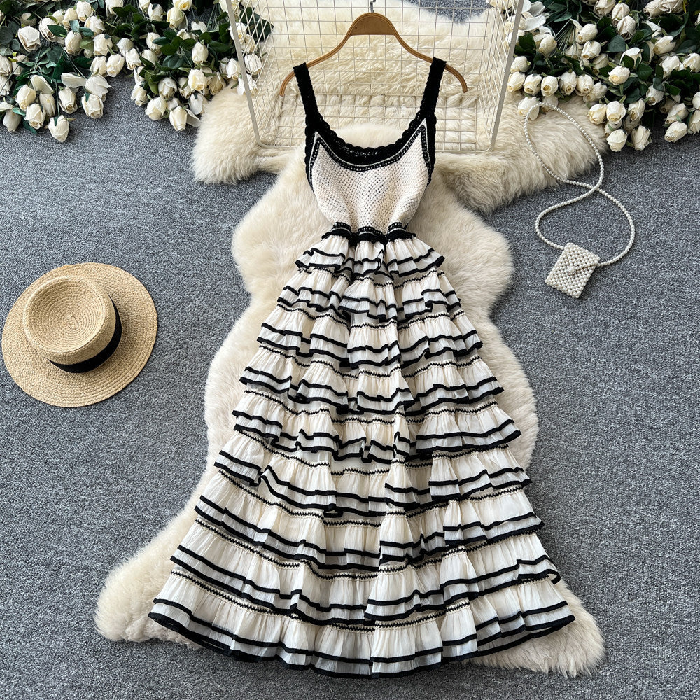 Gentle wind stripes suspender pure desire hook flower dress women's summer waist slimming look cake skirt french long skirt