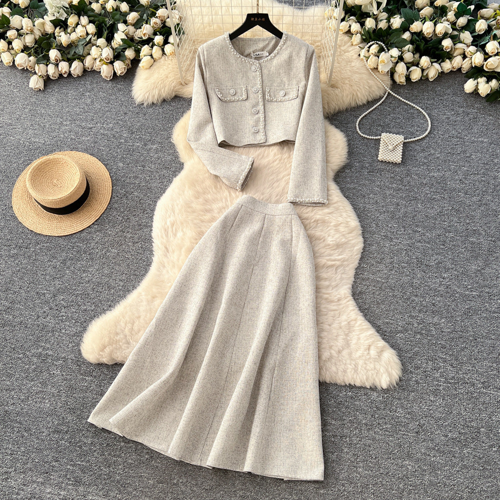 Xiaoxiangfengwork clothingtwo-piece setfemaleautumclassy sense metal bucklecardiganhigh waistelegant skirtsuit