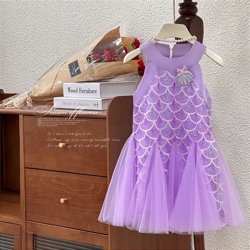 Girls' mermaid dress summer outfit  new style halter sequin fishtail sundress