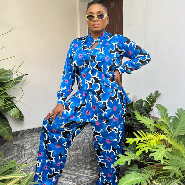 European and American women's clothing long-sleeved lapel printed cardigan shirt casual wide-leg pants African new loose large size two-piece set