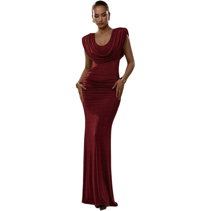 fashionautumnew arrival women's pure colorelegantelegance waist pleated swing collar silmdress women