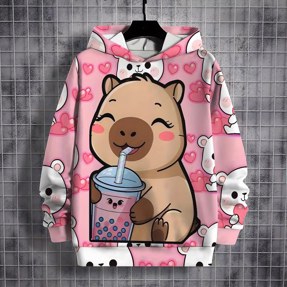 Girls' heartfelt capybara print hoodie - trendy & casual kids' clothing, hot seller for cross-border e-commerce