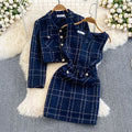 Autumn winter tweed style socialite elegantlong sleeves tweed outweartwo-piece set waist vest hip cover dress women