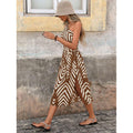 Amazon european bohemian style one-shoulder waist-cinching cutout drawstring slit vacation print dress for women