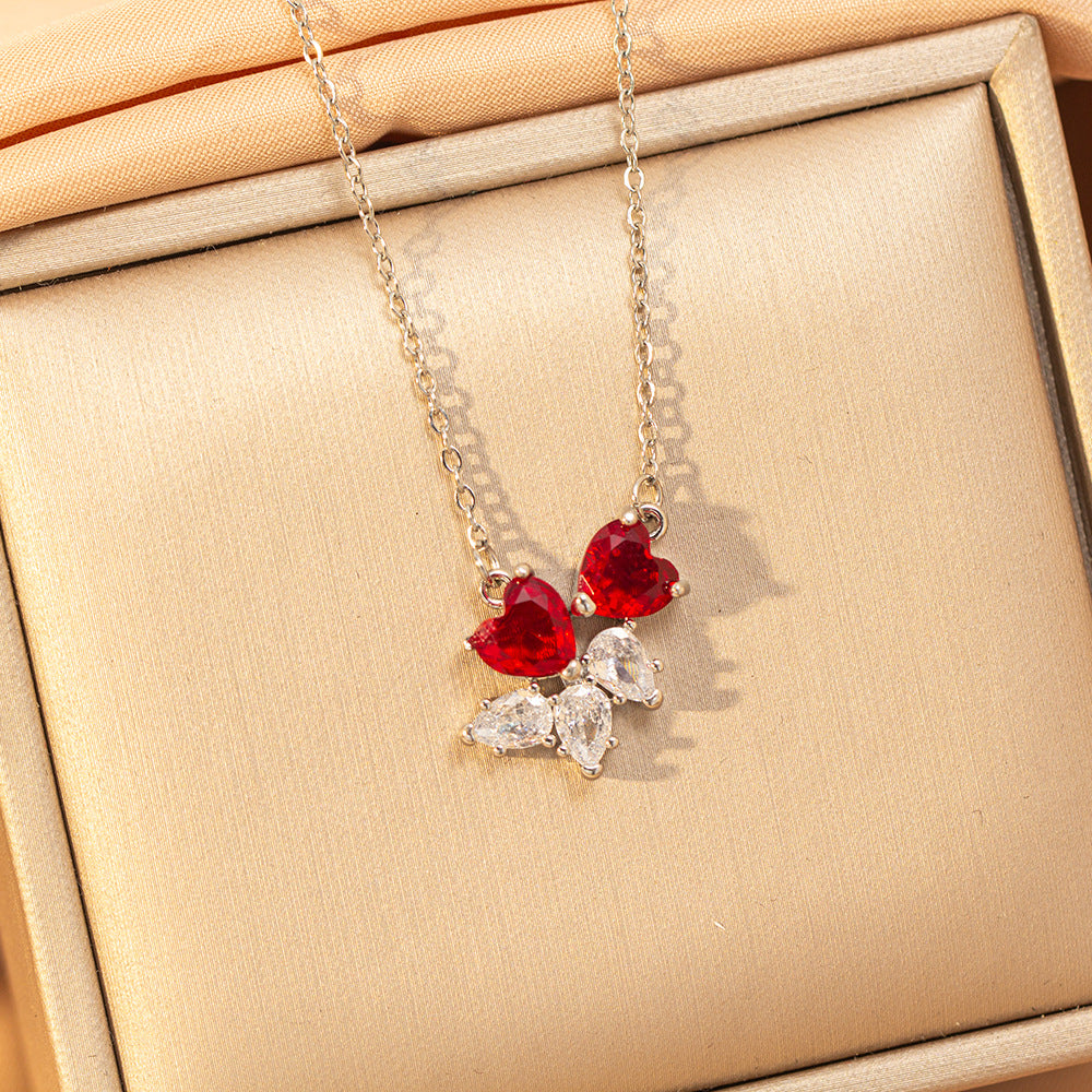 【titanium steel】copper inlaid zircon light luxury new style ruby necklace women's high-end fashion versatile elegant sweater chain jewelry