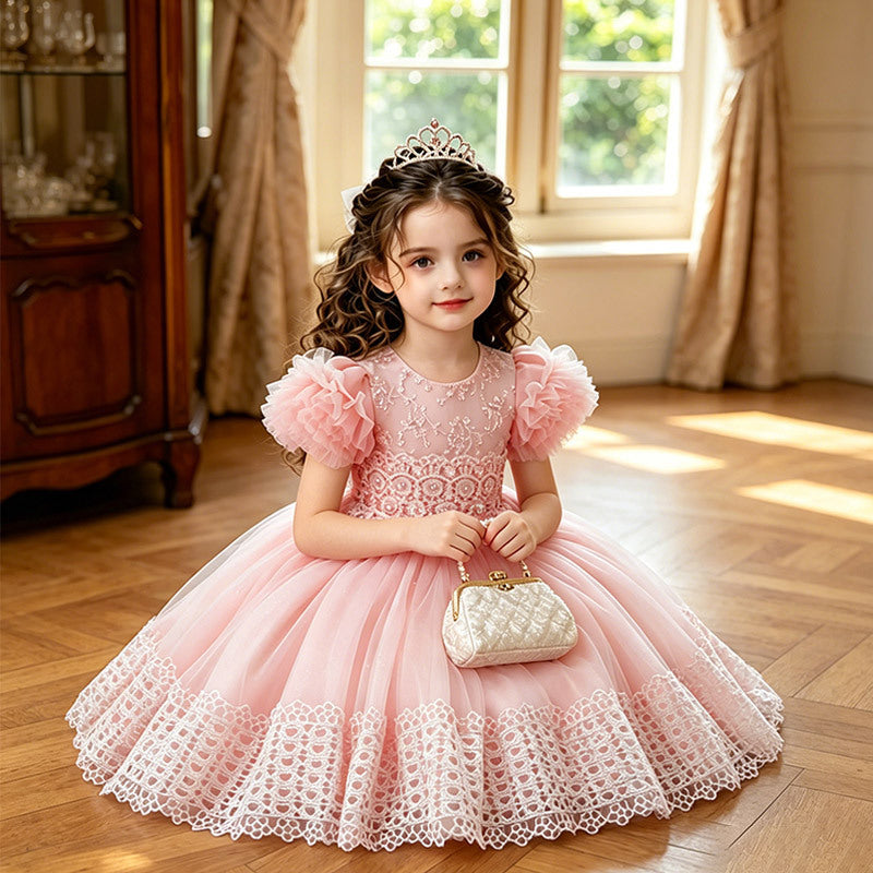 Girls' dress  new sweet style tutu princess dress short sleeve tulle knee-length children's formal dress - in stock