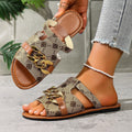 New round-toe printed flat slippers for women,  new cross-border export plus size peep-toe chain buckle slippers