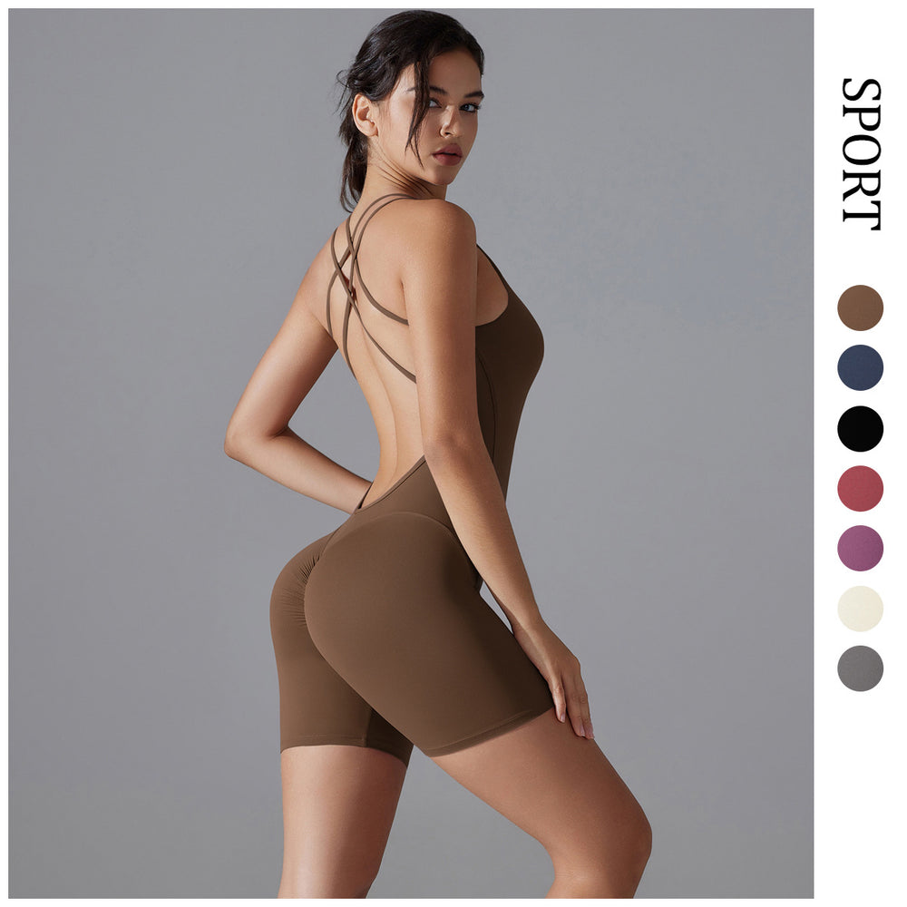 Fashionnew arrivalnude suspender beautiful back jumpsuit shortall-in-one yoga clothes women's running sports fitness jumpsuit