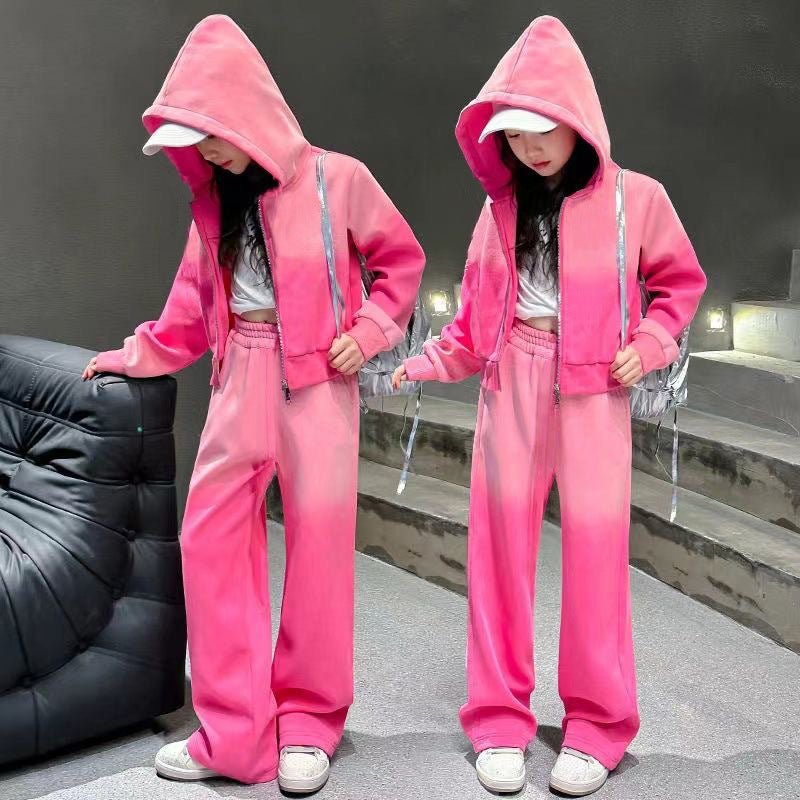 Girls' spring activewear set:  new gradient zip-up jacket and pants, korean style casual two-piece outfit for mid-to-large children