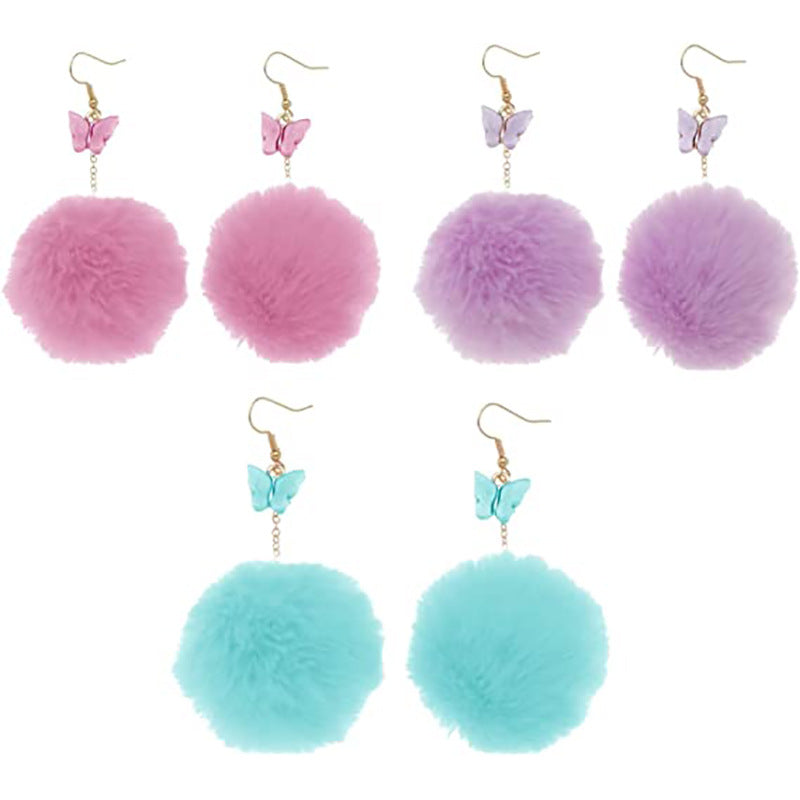 European and american cross-border new jewelry fashion mink stuffed ball pendant earrings european and american creative fall and winter butterfly earrings
