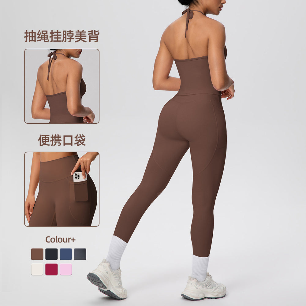 pure color brushed beautiful back tight strap halterflap pocket pants yoga suit sports running fitness two-piece set
