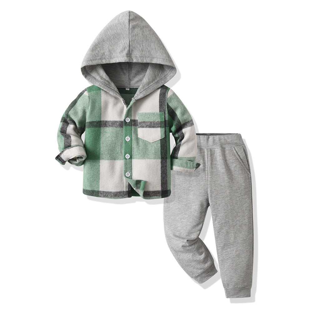 boys' autumn suit, new handsome fashionablekids autumn suit, plaid shirt two-piece set, baby boy autum children's clothing