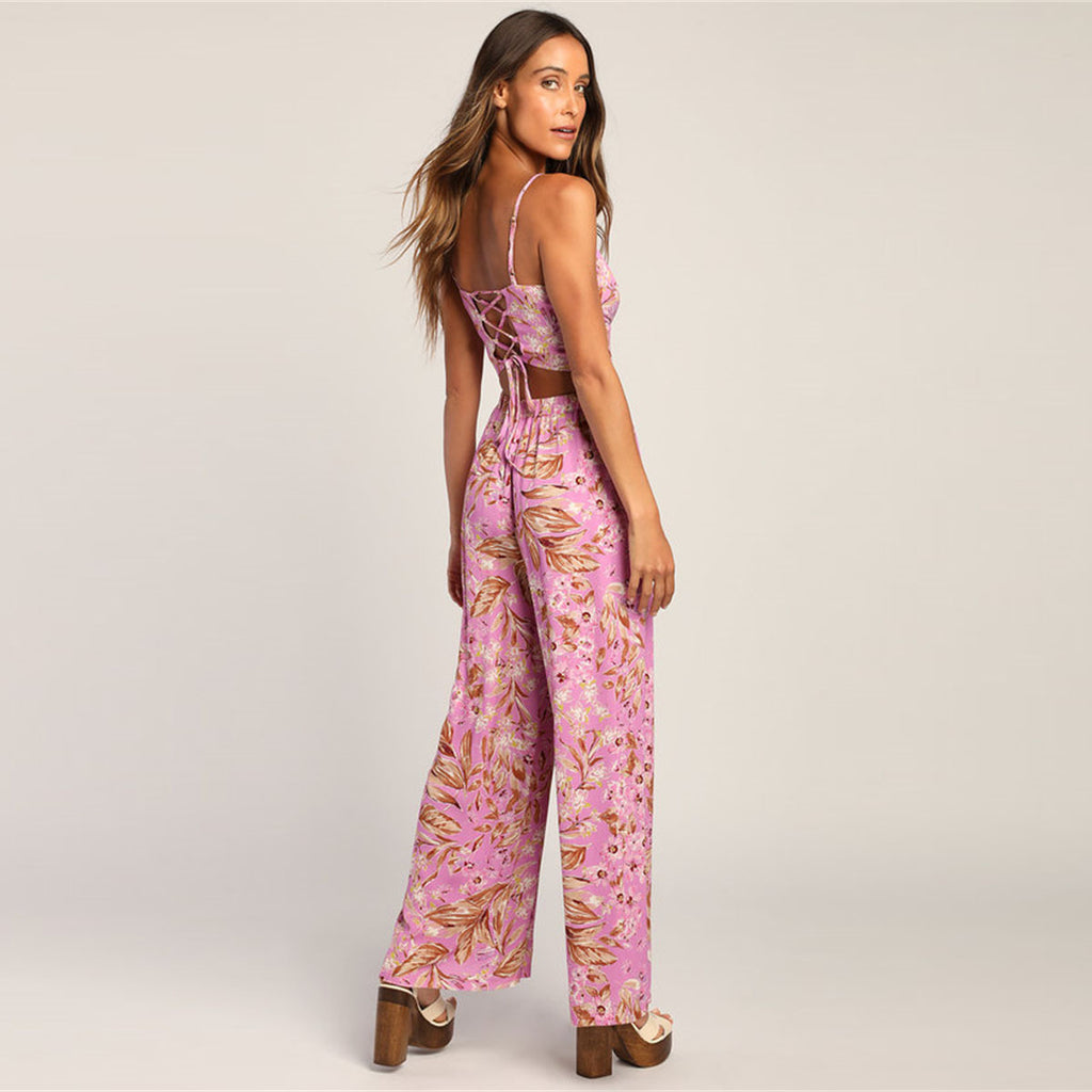Spot European and American new  casual suit, sexy suspender vest, high waist printed wide-leg pants suit