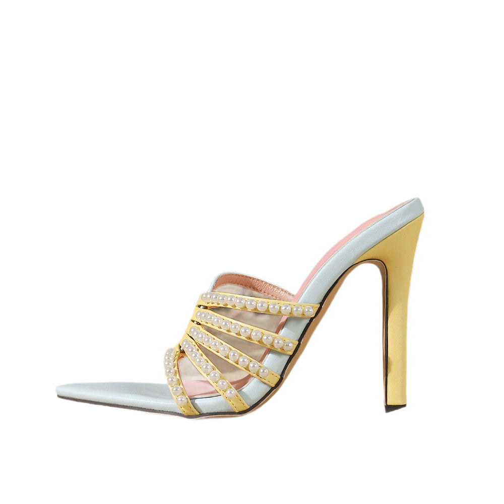 2026 new european and american style pearl stiletto heel mules - women's pointed toe color block thong sandals - cross-border hot seller
