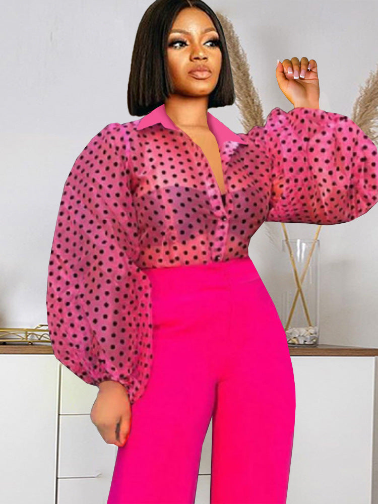 Summer new black v-neck organza polka dot puff sleeve long sleeve sexy see-through blouse versatile top women's clothing
