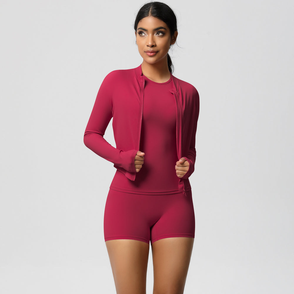 European and american nude feel cardigan jacket, crew neck short sleeve t-shirt, casual yoga set, running sports fitness three-piece outfit