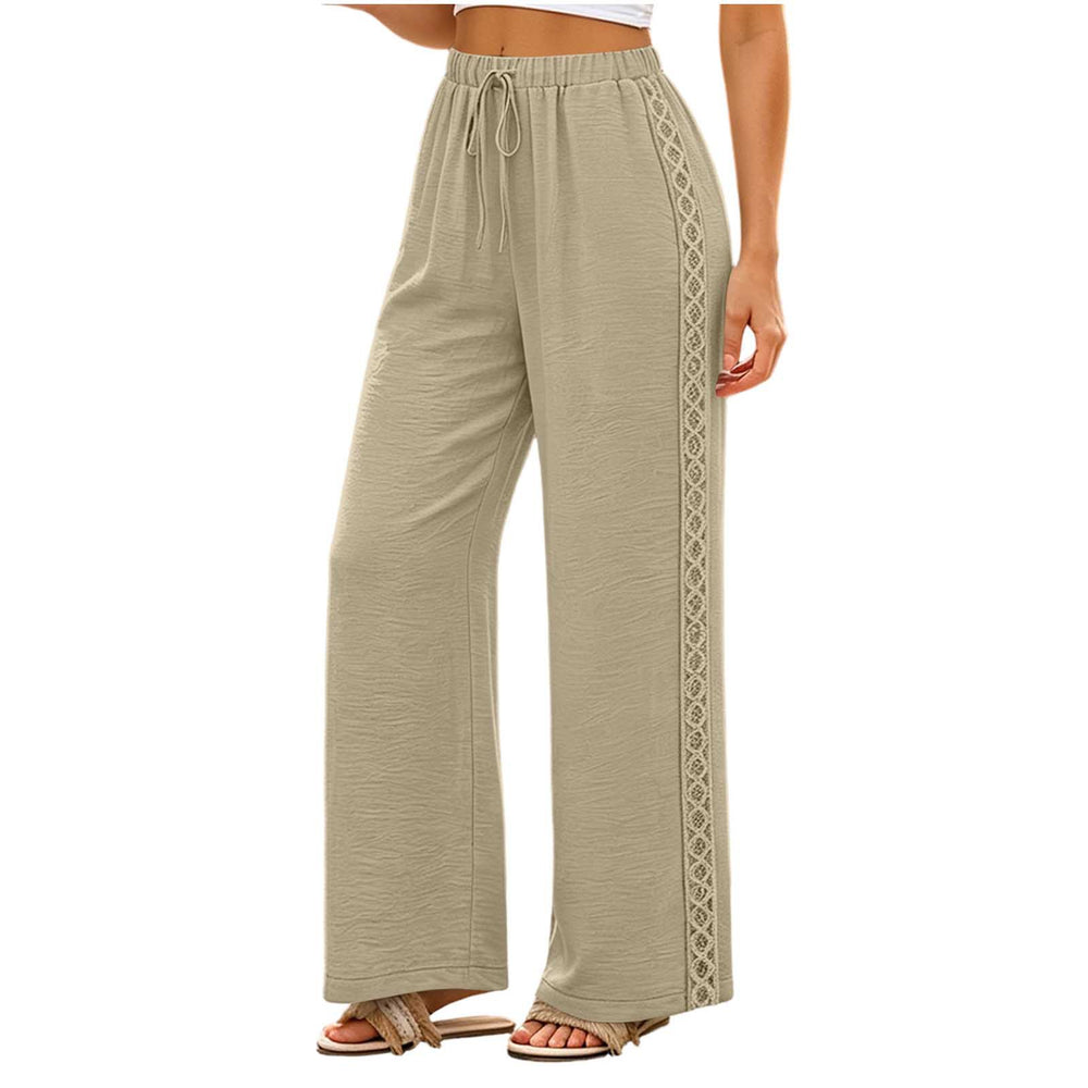 new european and american style women's fashion solid color lace trim elastic waistband pocket casual trousers