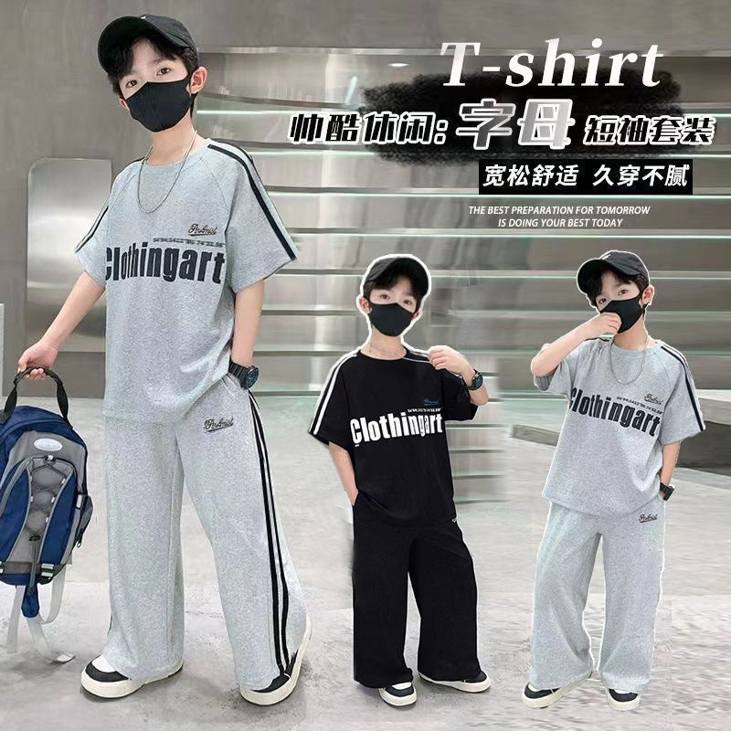Boys' summer outfit set:  new collection - athletic short-sleeve two-piece set for mid-to-large boys, lightweight summer wear