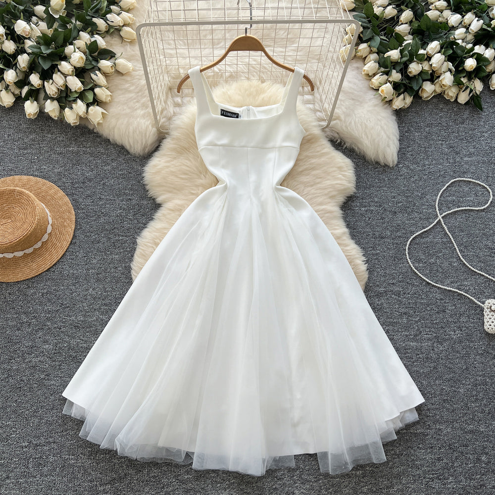 French hepburn style dress women's  summer high-end square neck camisole spliced mesh puffy gown maxi dress