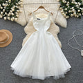 French hepburn style dress women's  summer high-end square neck camisole spliced mesh puffy gown maxi dress