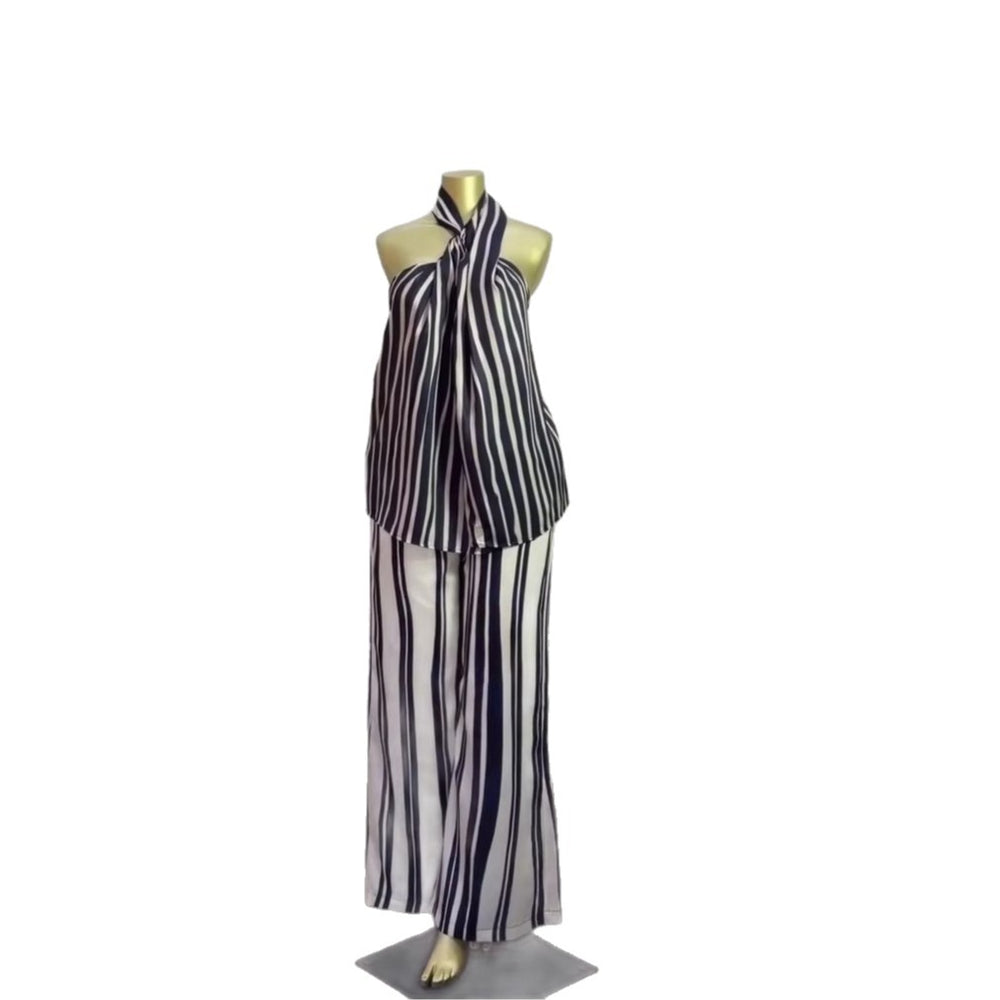 European and american cross-border women's fashion:  summer new collection - striped halter neck sleeveless top & wide leg pants casual set