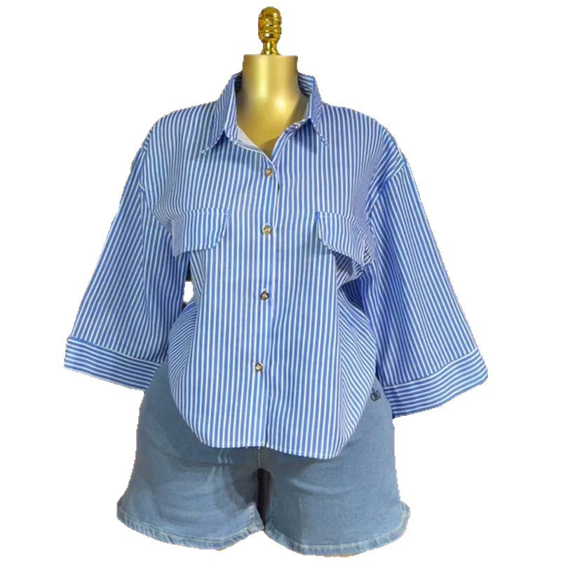 European and american women's clothing  autumn new sweet and fresh striped turn-down collar patch pocket three-quarter sleeve blouse top