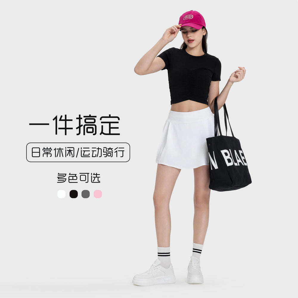 Luxtrenew arrivalpleated leg length yoga shorts skirt for women fake two-piece fashion tape tennis sports skirt dss064