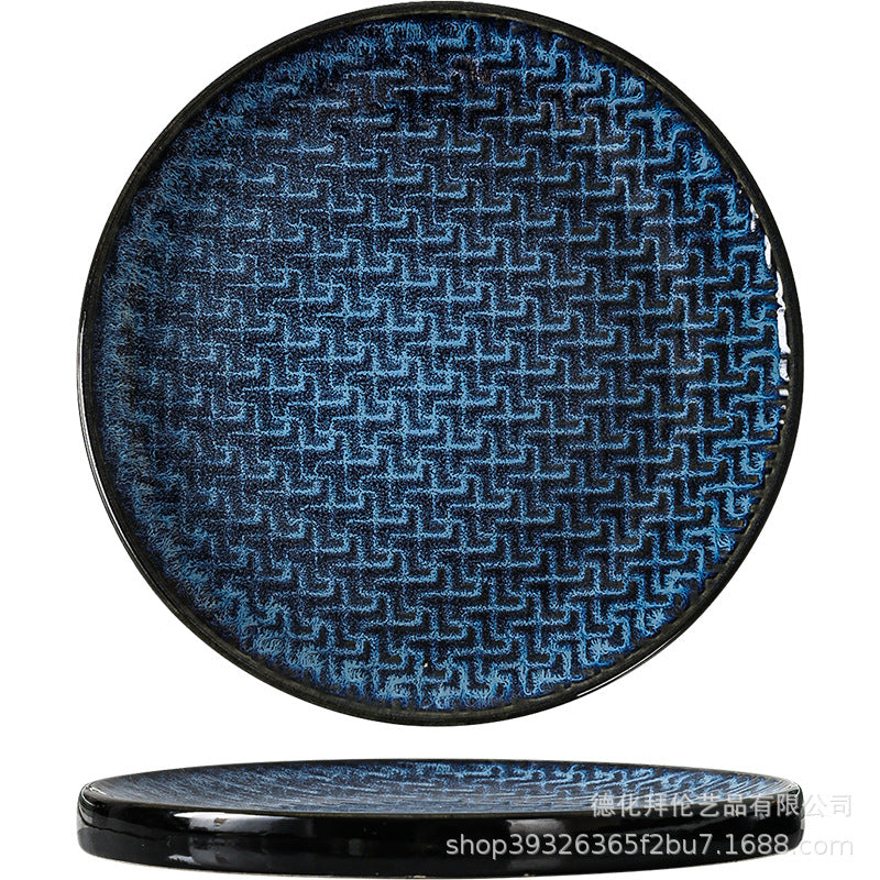 Kiln-turned-blue, high-value western-style dessert stylish plate, retro texture ceramic steak plate, round plate, restaurant and hotel