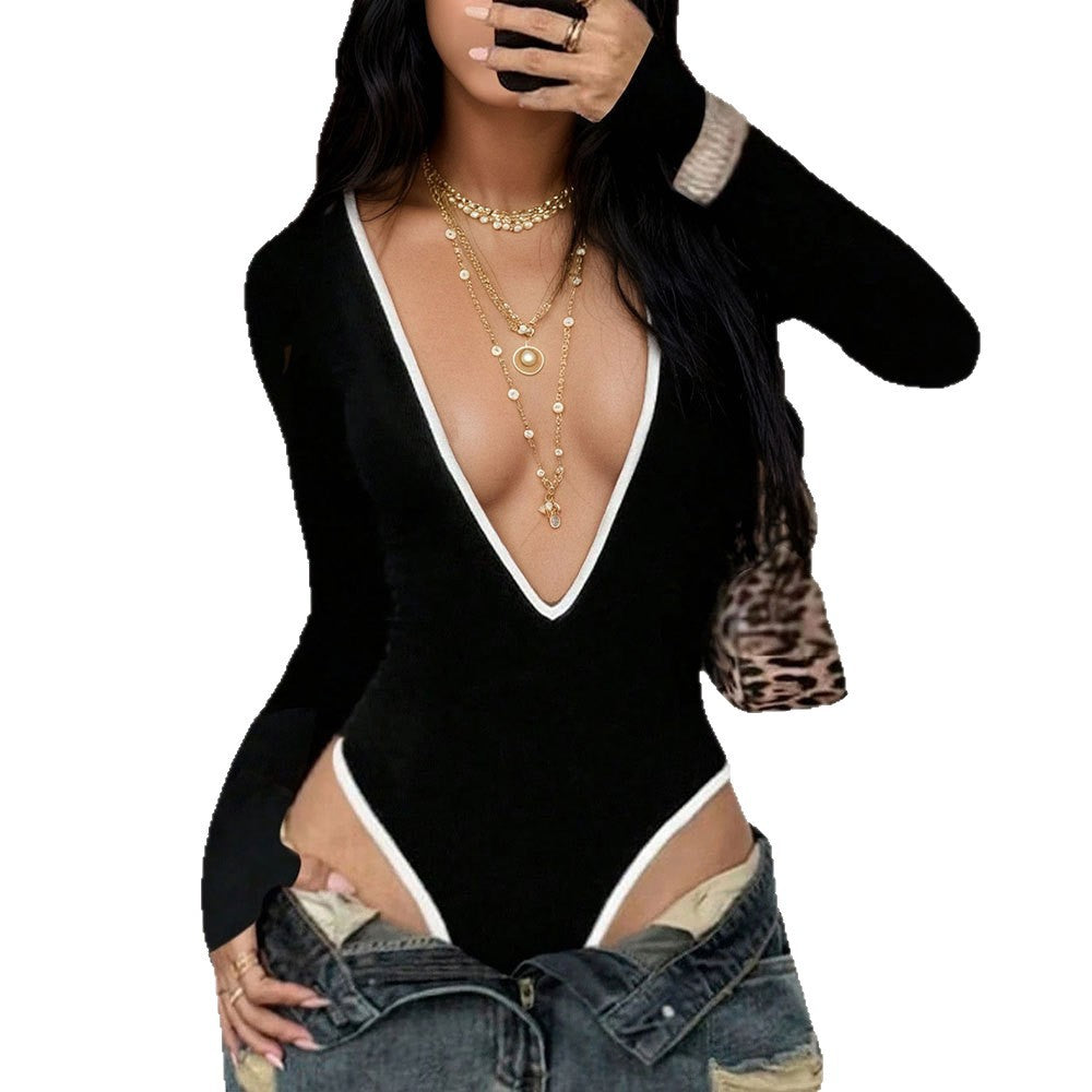 Black deep v-neck high-stretch bodysuit - spring/summer white trim bodycon long sleeve base layer - sexy innerwear for hot girls