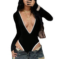Black deep v-neck high-stretch bodysuit - spring/summer white trim bodycon long sleeve base layer - sexy innerwear for hot girls