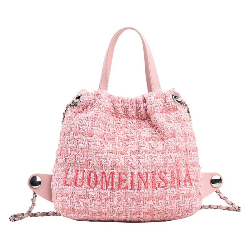 New small bag portable foreign style texture bucket bag fashionable weaving 2025 backpack chain bag women's winter woolen goods