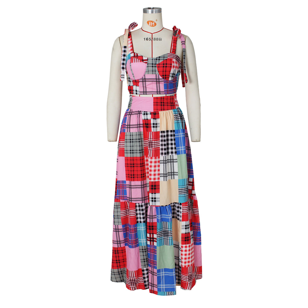 Amazon   summer new women's fashion plaid print tie-waist maxi skirt two-piece set