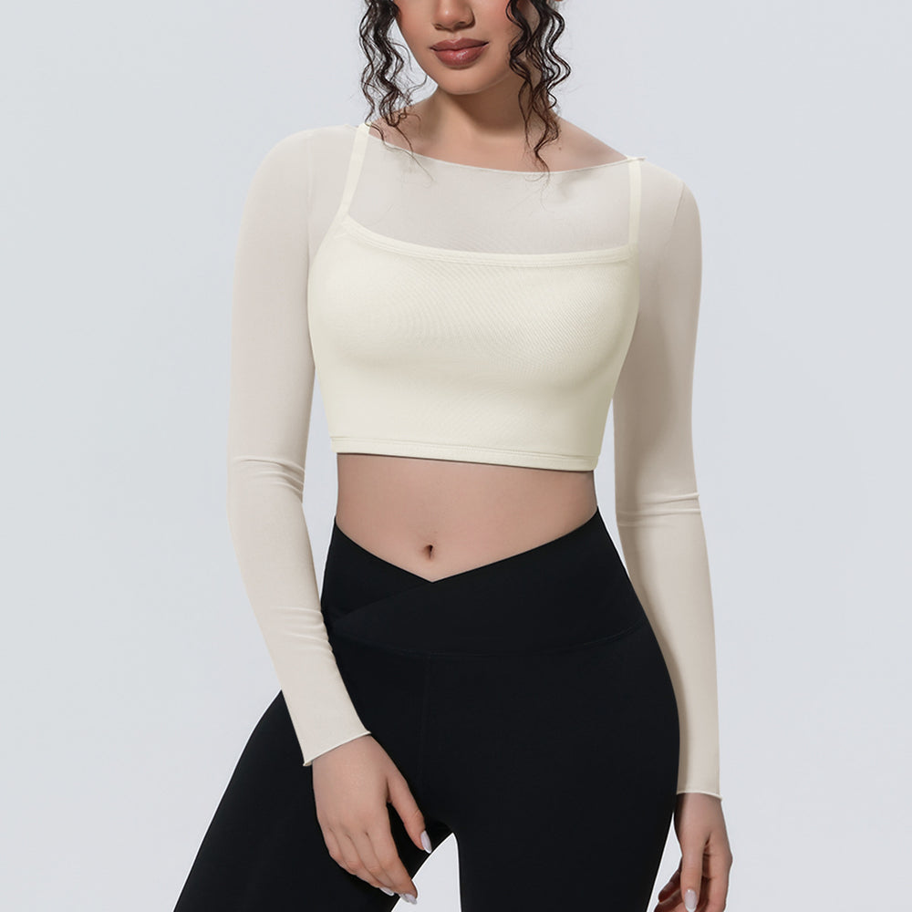 New arrival: solid color mesh double-layer breathable faux two-piece long sleeve casual activewear top for running, fitness, and yoga