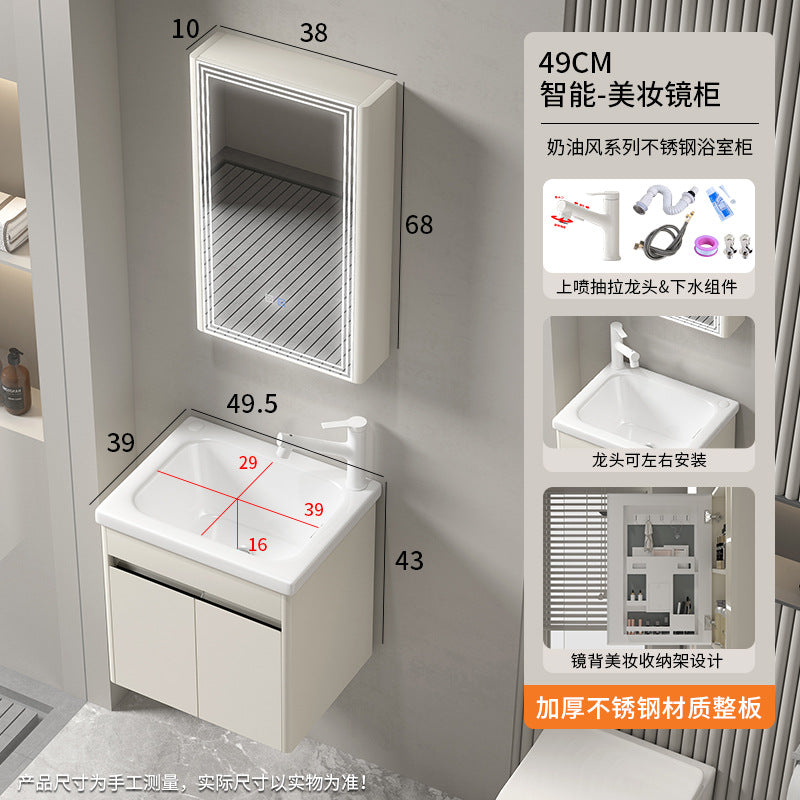 Small apartment bathroom cabinet Thickened stainless steel washstand Integrated cabinet Storage mirror Washstand Deepened ceramic integrated basin